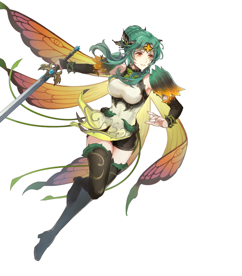 1girl, black_boots, boots, breasts, bridal_gauntlets, brown_eyes, butterfly_wings, cape, closed_mouth, denim, denim_shorts, dress, elincia_ridell_crimea, elincia_ridell_crimea_(resplendent), fire_emblem, fire_emblem:_path_of_radiance, fire_emblem:_radiant_dawn, fire_emblem_heroes, full_body, gradient_clothes, green_hair, hair_ornament, highres, holding, holding_sword, holding_weapon, insect_wings, leg_up, looking_away, medium_breasts, nintendo, official_alternate_costume, official_art, short_dress, shorts, solo, standing, sword, thigh_boots, thighhighs, thighs, thorns, tiara, transparent_background, weapon, wings