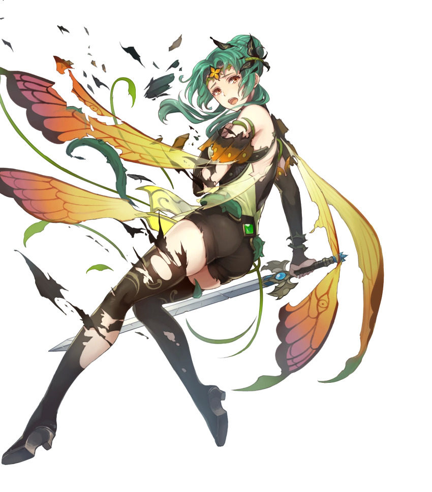 1girl, ass, black_boots, boots, breasts, brown_eyes, butterfly_wings, cape, denim, denim_shorts, dress, elincia_ridell_crimea, elincia_ridell_crimea_(resplendent), fire_emblem, fire_emblem:_path_of_radiance, fire_emblem:_radiant_dawn, fire_emblem_heroes, full_body, gradient_clothes, green_hair, hair_ornament, highres, holding, holding_sword, holding_weapon, insect_wings, looking_away, medium_breasts, nintendo, official_alternate_costume, official_art, open_mouth, short_dress, shorts, solo, standing, sword, thigh_boots, thighhighs, thighs, thorns, tiara, torn_clothes, transparent_background, weapon, wings