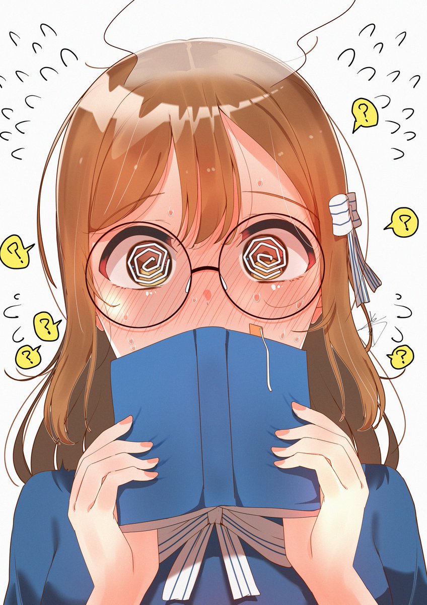 1girl, ?, artist_name, artist_request, blue_dress, blush, book, bow, breasts, brown_eyes, brown_hair, buttons, dress, embarrassed, female_focus, glasses, hair_between_eyes, hair_bow, holding, holding_book, kunikida_hanamaru, light_brown_hair, long_hair, looking_at_viewer, love_live!, love_live!_school_idol_festival, love_live!_sunshine!!, matching_hair/eyes, mitaiken_horizon, nail_(hardware), nail_polish, parted_lips, pink_nails, ribbon, smile, solo, striped_bow, striped_ribbon, upper_body, white_background, white_bow, white_ribbon, worried, yaa-kun, yellow_eyes