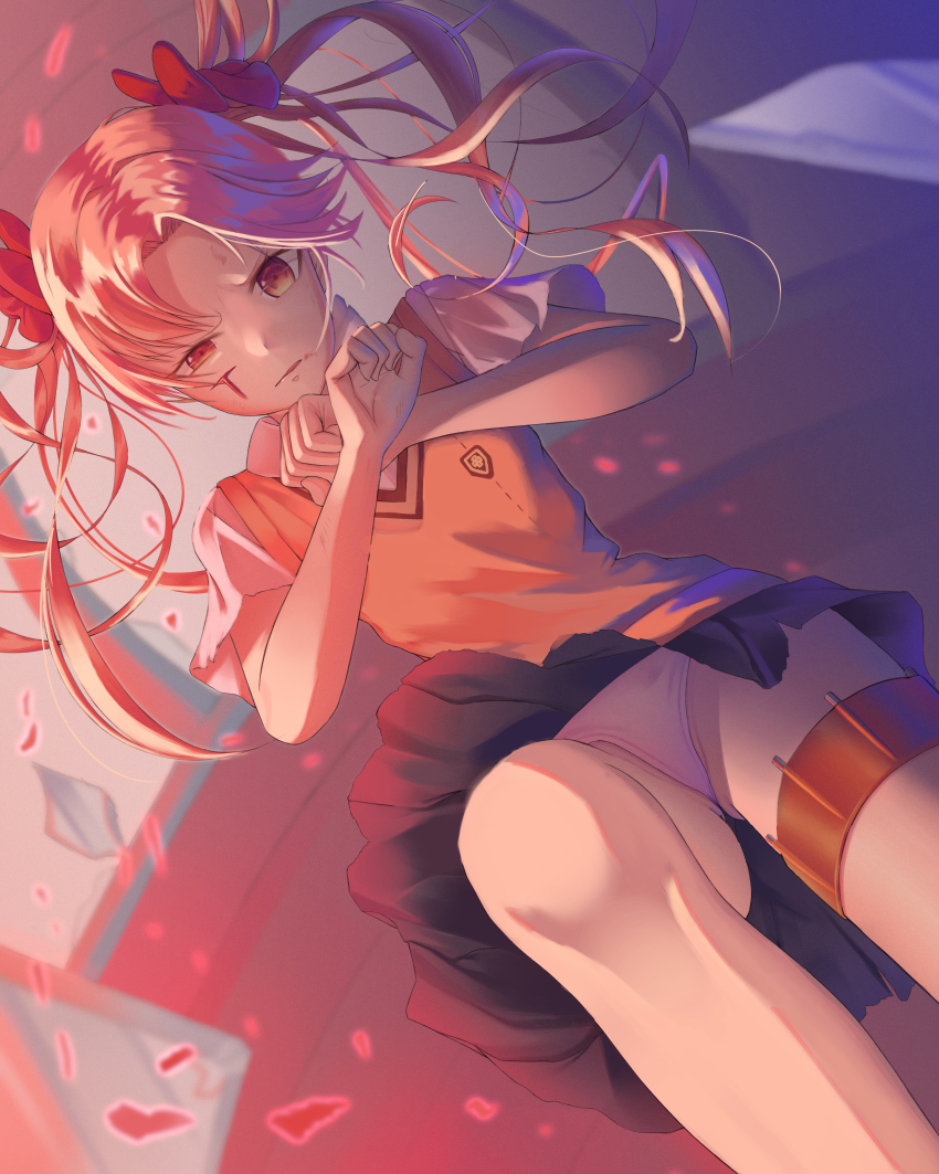 1girl, absurdres, black_skirt, blood, blood_on_face, bow, brown_eyes, dos_(ehgns007kr)