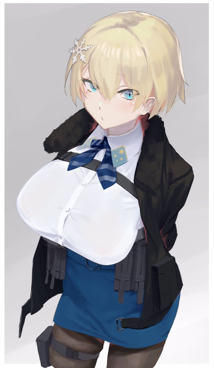 1girl, aqua_eyes, arms_behind_back, black_jacket, black_pantyhose, blonde_hair, blue_bow, blue_bowtie