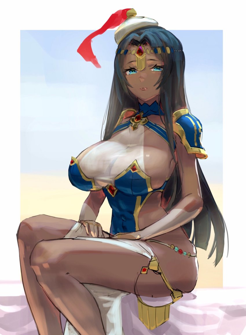 1girl, arabian_clothes, armor, black_hair, blue_eyes, breasts, bridal_gauntlets, circlet