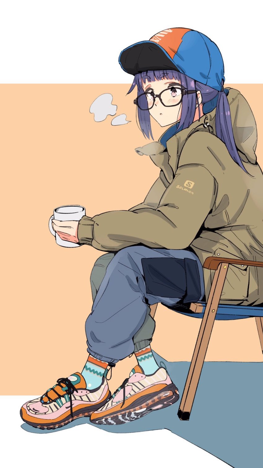 1girl, air_max_97, baseball_cap, black-framed_eyewear, blush, bonryuu, brown_jacket, chair, cup, folding_chair, glasses, hat, highres, holding, holding_cup, hood, hooded_jacket, jacket, long_hair, long_sleeves, nike_(company), oogaki_chiaki, pants, parted_lips, ponytail, purple_eyes, purple_hair, shoes, simple_background, sitting, sneakers, socks, solo, two-tone_background, yurucamp