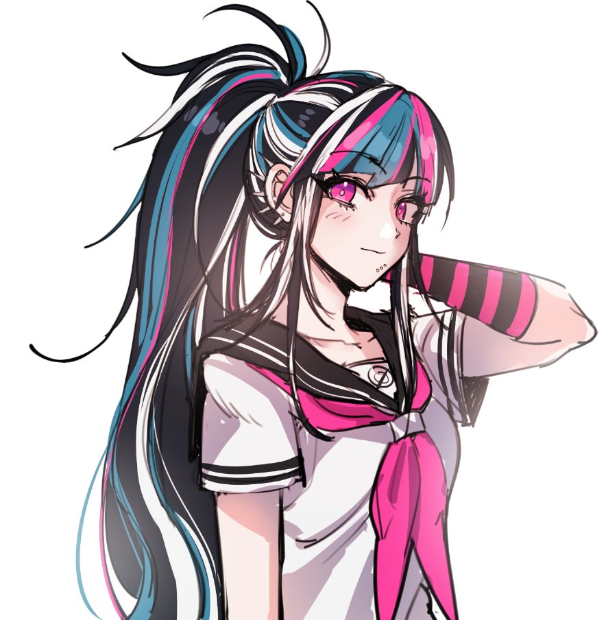 1girl, alternate_hairstyle, arm_at_side, asymmetrical_legwear, black_hair, black_sailor_collar, blue_hair, commentary_request, danganronpa_(series), danganronpa_2:_goodbye_despair, ear_piercing, gloves, gwanlamcha, hand_in_own_hair, long_hair, looking_at_viewer, mioda_ibuki, mismatched_legwear, multicolored_hair, neckerchief, piercing, pink_eyes, pink_hair, pink_neckerchief, ponytail, sailor_collar, school_uniform, serafuku, short_sleeves, simple_background, solo, upper_body, very_long_hair, white_background, white_hair