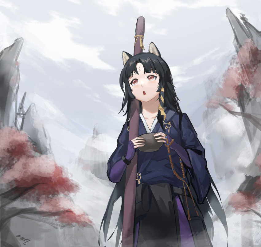 1girl, absurdres, animal_ears, arknights, black_hair, black_kimono, bowl, brown_eyes
