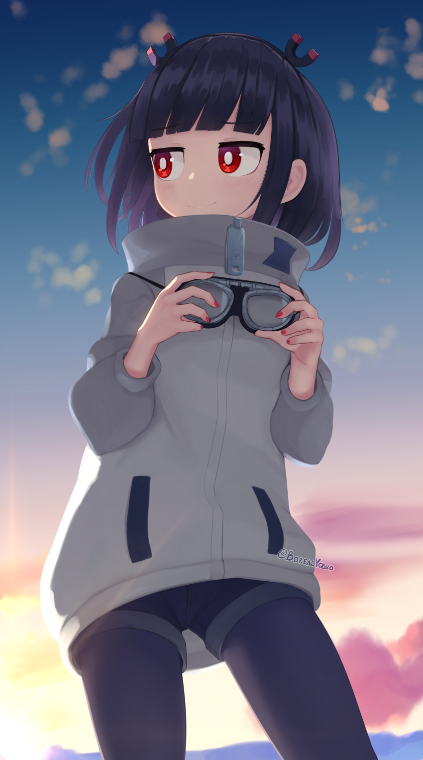 1girl, absurdres, black_hair, black_shorts, blue_background, bright_pupils, closed_mouth, cloud