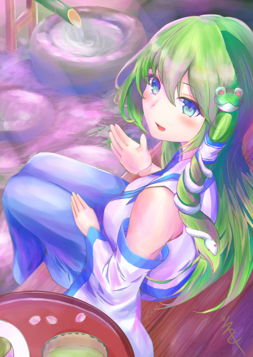 1girl, absurdres, bare_shoulders, blue_eyes, blue_skirt, blush, cherry_blossoms, collared_shirt, commentary_request, detached_sleeves, dress_shirt, frog_hair_ornament, from_above, full_body, green_hair, hair_between_eyes, hair_ornament, hair_tubes, hand_on_thigh, hand_up, highres, kochiya_sanae, light_blush, long_hair, long_skirt, looking_at_viewer, open_mouth, rikuwashi, shirt, signature, sitting, skirt, sleeveless, sleeveless_shirt, snake_hair_ornament, solo, tea, touhou, very_long_hair, water, white_shirt