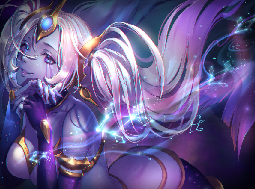1girl, alternate_costume, armlet, bare_shoulders, blue_eyes, collarbone, colored_skin, constellation, cosmic_destiny_nami, facial_mark, fingerless_gloves, fingernails, gloves, hair_between_eyes, jewelry, league_of_legends, long_hair, looking_at_viewer, nami_(league_of_legends), nyaamen_fork, parted_lips, purple_eyes, purple_gloves, purple_skin, smile, solo, sparkle, spikes, twintails, white_hair