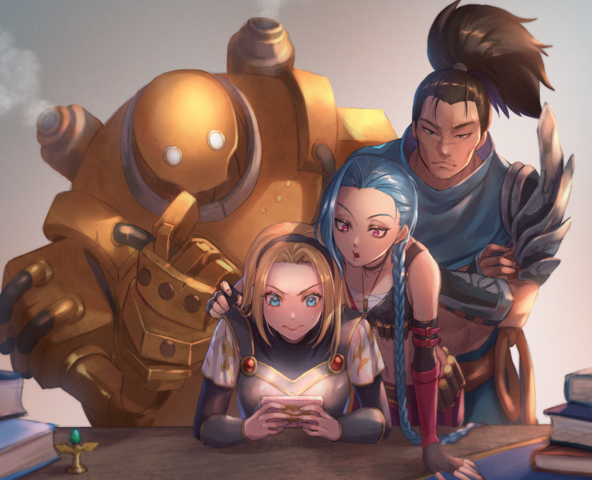 1boy, 2girls, armor, bandages, bare_shoulders, black_gloves, black_hairband, black_nails