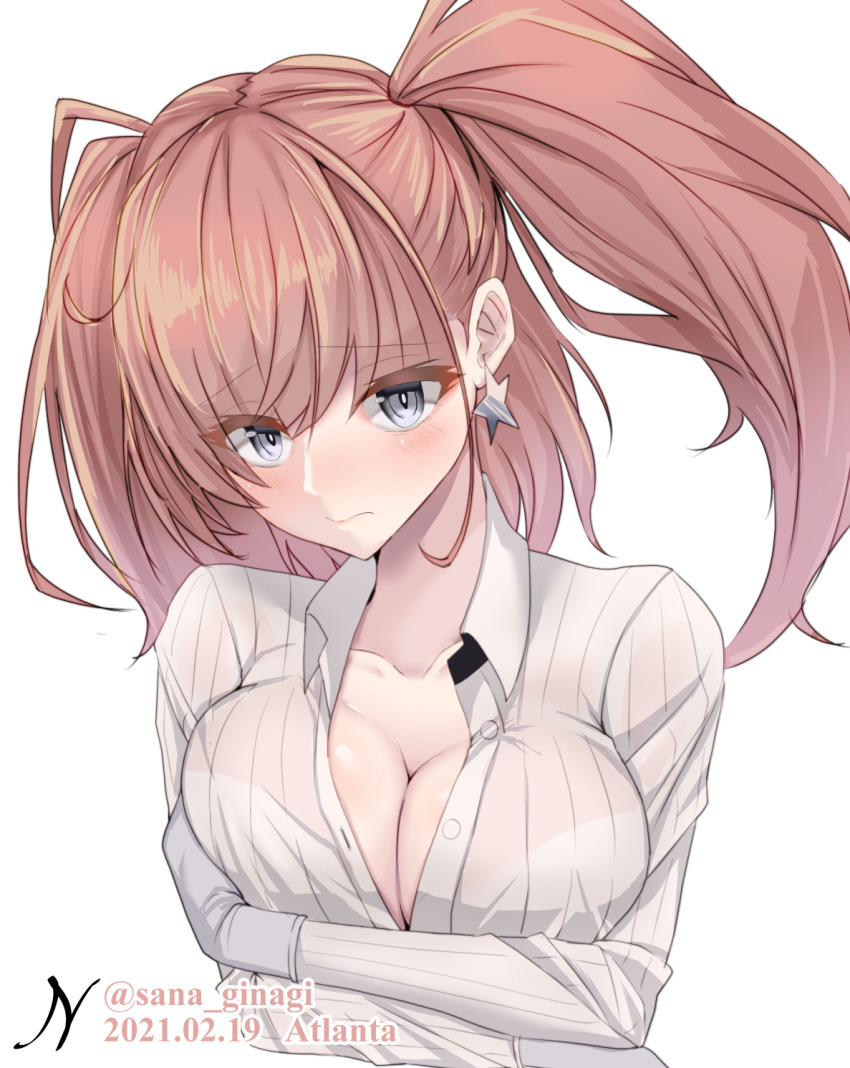 1girl, artist_name, atlanta_(kancolle), breasts, brown_hair, cleavage, collarbone, dated