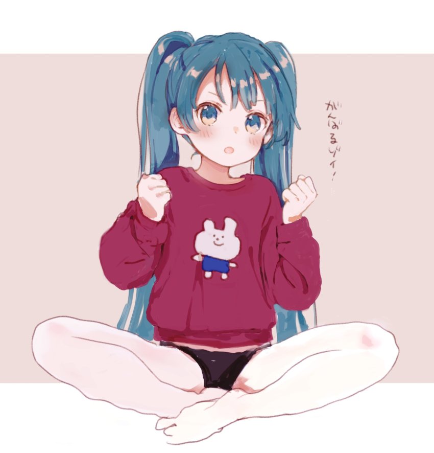 1girl, black_panties, blue_eyes, blue_hair, blush, clenched_hand, female_focus, hatsune_miku, highres, long_sleeves, nprmtp, open_mouth, panties, red_shirt, shirt, sitting, solo, twintails, underwear, vocaloid