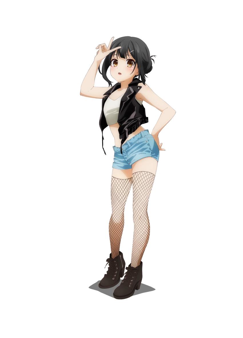 1girl, absurdres, artist_request, black_hair, black_jacket, blue_shorts, blush, breasts