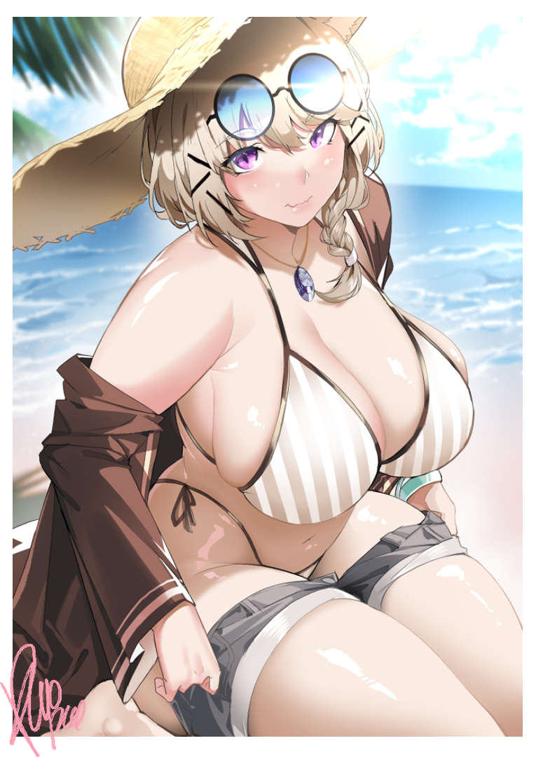 1girl, arknights, beach, bikini, blonde_hair, blue_sky, braid, braided_ponytail