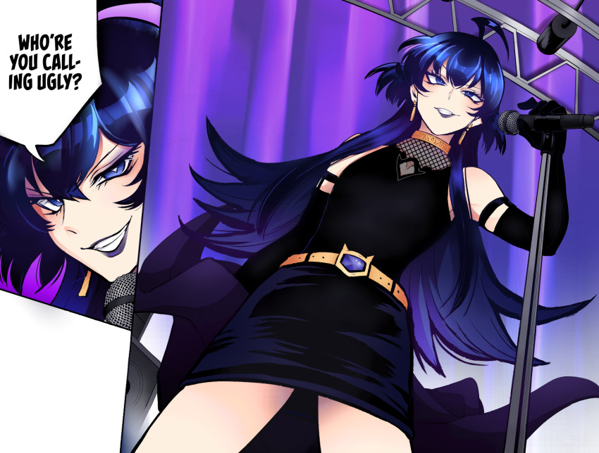 1boy, alternate_costume, alternate_hair_length, alternate_hairstyle, blue_eyes, crossdressing, crossdressing_(mtf), dark_persona, elbow_gloves, gloves, highres, lipstick, long_hair, mairimashita!_iruma-kun, makeup, suzuki_iruma, suzuki_iruma_(evil_cycle), tagme, trap