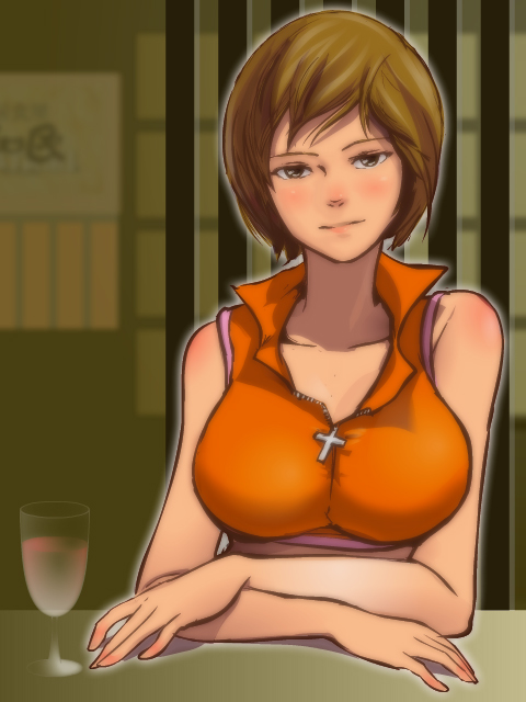 1girl, alcohol, breasts, brown_eyes, brown_hair, cross, female_focus, large_breasts