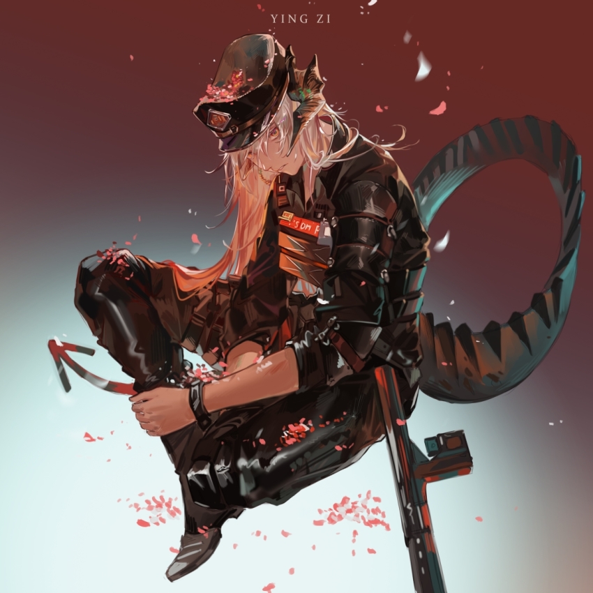 1girl, arknights, artist_name, barcode, black_hat, elbow_pads, hat, horns