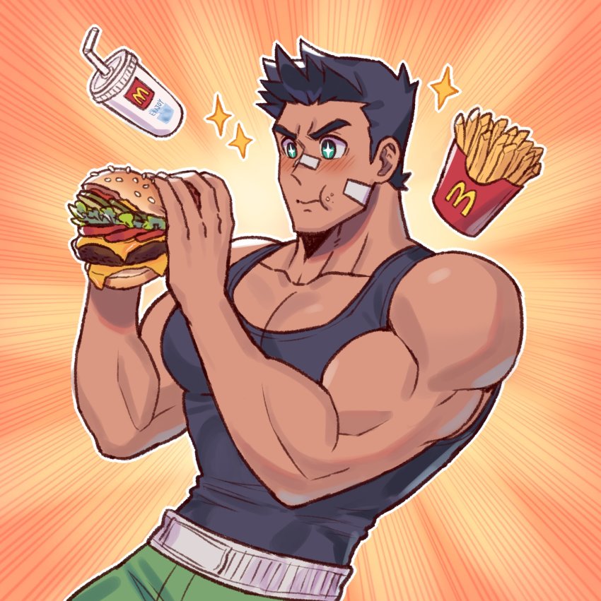1boy, bandaid, bandaid_on_cheek, bandaid_on_face, bandaid_on_nose, bara, bare_shoulders, biceps