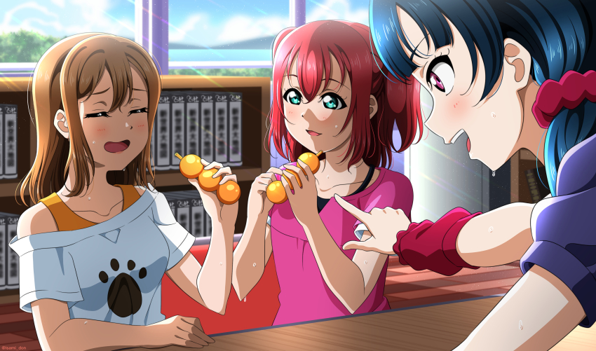 1girl, 3girls, absurdres, artist_name, artist_request, bare_shoulders, blue_hair, blue_sky