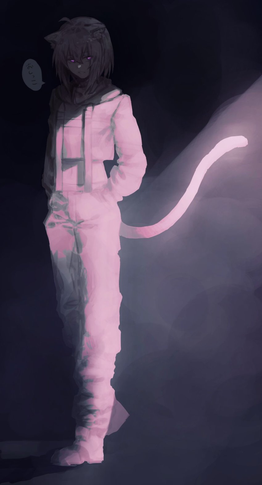 1girl, ahoge, animal_ears, cat_ears, cat_tail, eyes_in_shadow, hands_in_pockets, highres