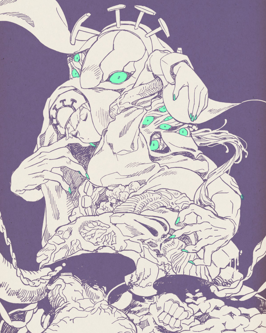 1girl, 2017, aqua_eyes, blue_background, claws, crown, double_(skullgirls), dual_persona