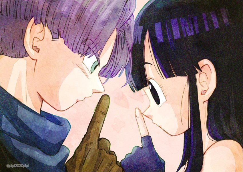 1boy, 1girl, artist_name, bare_shoulders, black_eyes, black_gloves, black_hair, black_shirt