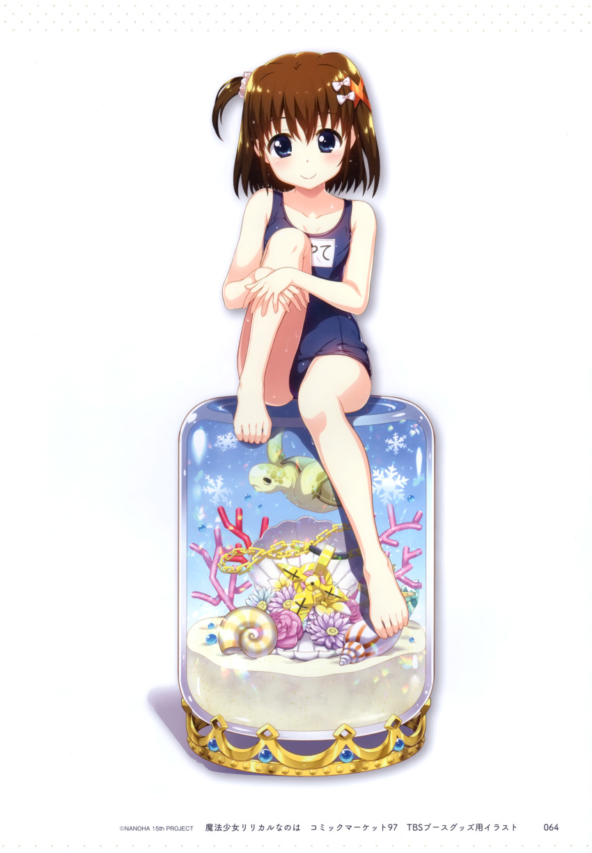 1girl, absurdres, blue_eyes, blue_one-piece_swimsuit, blush, brown_hair, fujima_takuya, hair_ornament, highres, looking_at_viewer, lyrical_nanoha, mahou_shoujo_lyrical_nanoha, name_tag, old_school_swimsuit, one-piece_swimsuit, school_swimsuit, schwertkreuz, schwertkreuz_(standby_form), shiny_clothes, shiny_skin, simple_background, sitting, skindentation, smile, solo, standing, swimsuit, white_background, x_hair_ornament, yagami_hayate