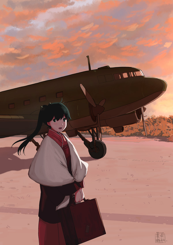 1girl, aircraft, airplane, alternate_costume, artist_logo, black_eyes, black_hair, cloud