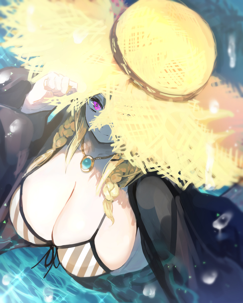 1girl, absurdres, arknights, bikini, bikini_top_only, black_vest, blonde_hair, braid, breasts, commentary_request, gem, hat, highres, holding, holding_unworn_clothes, holding_unworn_hat, huge_breasts, jewelry, looking_up, mannouyakunta, necklace, ocean, official_alternate_costume, pink_eyes, purple_eyes, smile, standing, straw_hat, string_bikini, striped_bikini, striped_clothes, swimsuit, swimsuit_cover-up, twin_braids, unworn_hat, unworn_headwear, utage_(arknights), utage_(summer_flowers)_(arknights), vest, water