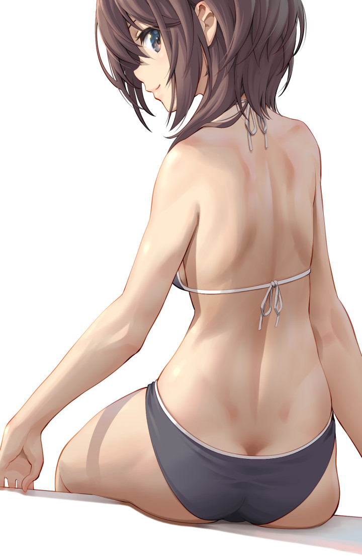 1girl, alice_gear_aegis, ass, bikini, blue_bikini, breasts, brown_eyes, brown_hair, butt_crack, commentary_request, kurogane_yuuto, looking_at_viewer, looking_back, pinakes, short_hair, sideboob, simple_background, sitting, smile, solo, swimsuit, white_background