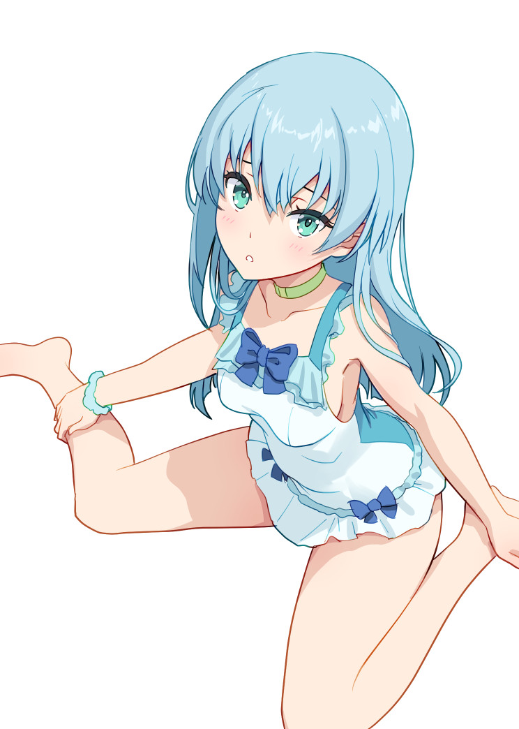 1girl, alice_gear_aegis, aqua_eyes, blue_bow, blue_hair, bow, choker, commentary_request
