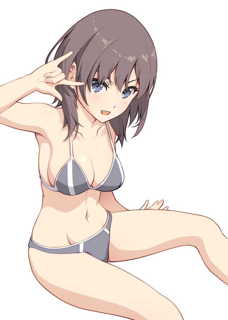 alice_gear_aegis, blue_eyes, blue_one-piece_swimsuit, breasts, brown_hair, collarbone, commentary_request, kurogane_yuuto