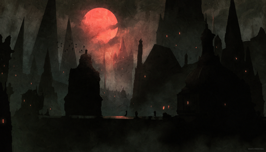 anato_finnstark, artist_name, bloodborne, building, cloud, cloudy_sky, fog, full_moon