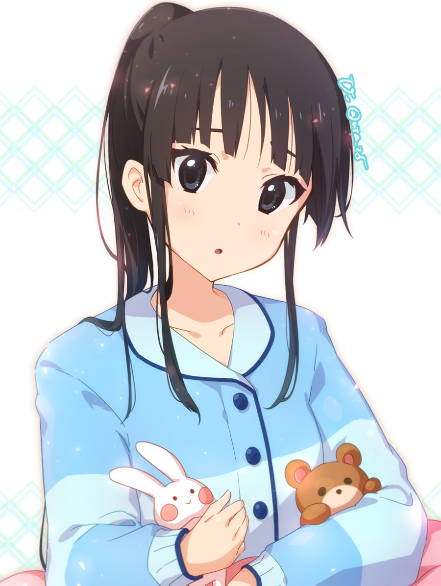 1girl, :o, akiyama_mio, black_eyes, black_hair, blue_pajamas, blunt_bangs, buttons, collarbone, commission, high_ponytail, holding, holding_stuffed_toy, k-on!, long_hair, looking_at_viewer, pajamas, ponytail, skeb_commission, solo, stuffed_animal, stuffed_rabbit, stuffed_toy, teddy_bear, uta_25