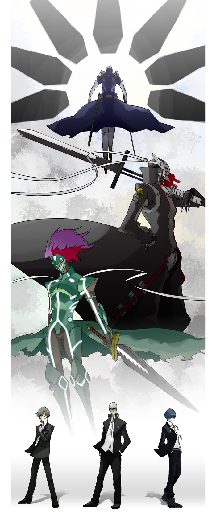 00s, 3boys, abel_(persona), atlus, hei_jin, highres, izanagi_(persona_4), kanzato_shin, long_image, male_focus, multiple_boys, narukami_yu, persona, persona_3, persona_4, persona_trinity_soul, school_uniform, sword, tall_image, thanatos_(persona), weapon, yuuki_makoto_(persona_3)