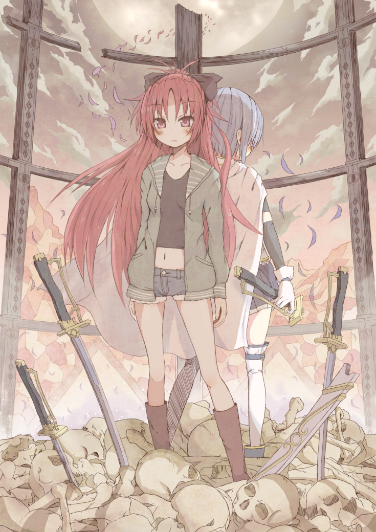 2girls, ankle_boots, arms_at_sides, back-to-back, bare_legs, belt, black_ribbon, blue_belt