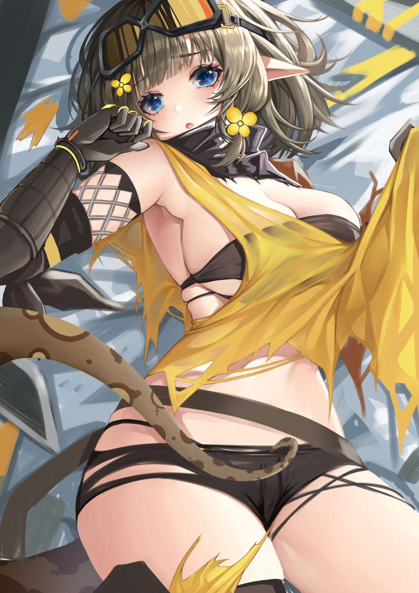 1girl, absurdres, arknights, bandeau, bare_shoulders, black_gloves, black_panties, blue_eyes, breasts, cleavage, cloud_(cloud-v-), commentary, cowboy_shot, eunectes_(arknights), gloves, goggles, goggles_on_head, grey_hair, hand_up, head_tilt, highres, large_breasts, looking_at_viewer, midriff, panties, parted_lips, pointy_ears, short_hair, solo, thighs, underwear