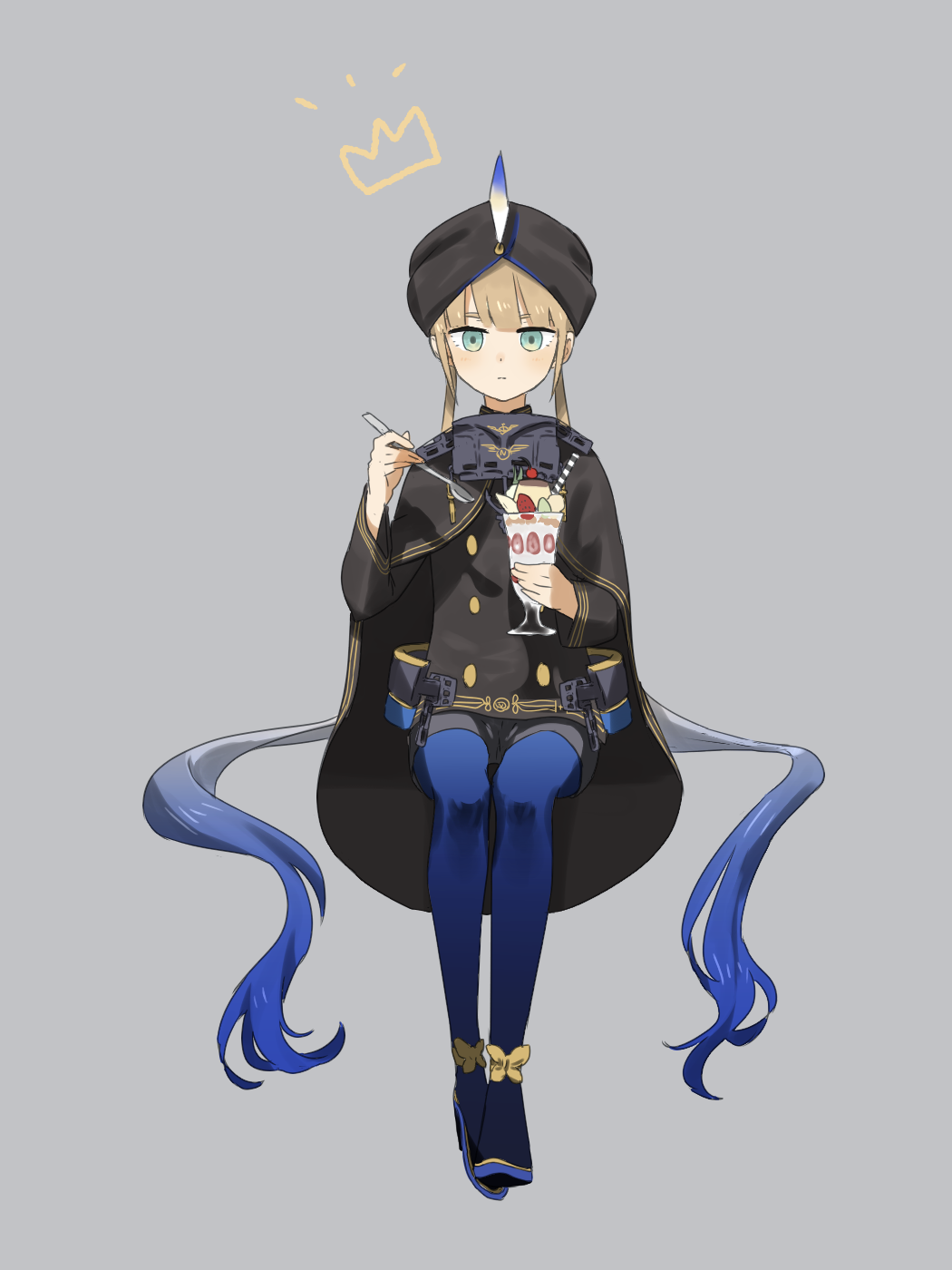 1boy, black_coat, black_hat, blonde_hair, blue_hair, blue_pantyhose, blunt_bangs, captain_nemo_(fate)
