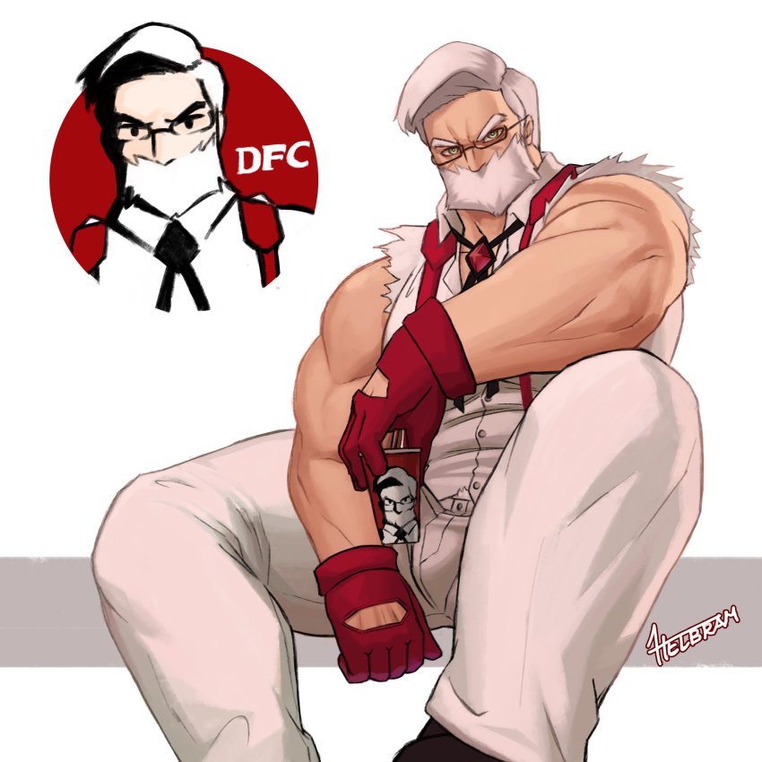 1boy, absurdres, bara, bare_arms, bare_shoulders, beard, colonel_sanders, commentary