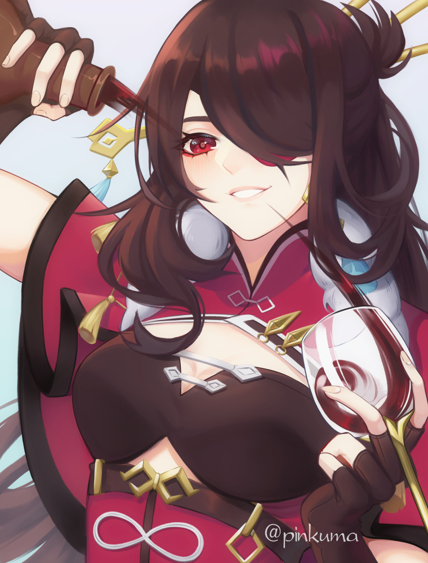 1girl, absurdres, artist_name, beidou_(genshin_impact), blue_background, blush, breasts, brown_hair