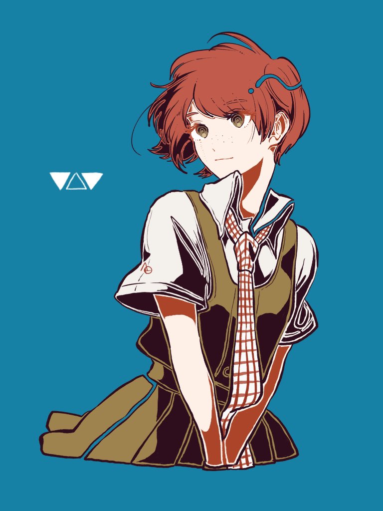 1girl, blue_background, brown_eyes, closed_mouth, collared_shirt, cowboy_shot, cropped_torso, danganronpa_(series)