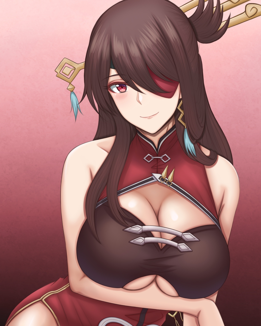 1girl, beidou_(genshin_impact), blush, breasts, brown_hair, cleavage, cleavage_cutout, clothing_cutout, collarbone, dress, eve_(pixiv25240695), eyeshadow, genshin_impact, hair_ornament, hair_over_one_eye, hair_stick, head_tilt, highres, large_breasts, leaning_to_the_side, makeup, one_eye_covered, red_background, red_dress, red_eyes, red_eyeshadow, smile, solo, underboob, underboob_cutout