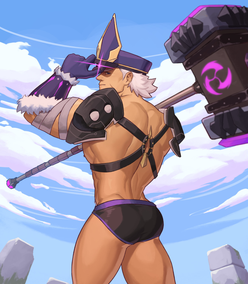 1boy, abs, absurdres, ass, bandages, bara, bare_pectorals, biceps, black_male_underwear, briefs, electrohammer_vanguard_(genshin_impact), genshin_impact, gloves, helbai, highres, huge_weapon, humanization, looking_at_viewer, male_focus, male_pubic_hair, male_underwear, mature_male, muscular, muscular_male, navel, navel_hair, nipples, no_pants, o-ring, o-ring_top, over_shoulder, paid_reward_available, pectorals, pubic_hair, purple_gloves, purple_headwear, purple_male_underwear, short_hair, sideburns, solo, thick_thighs, thighs, underwear, weapon, weapon_over_shoulder