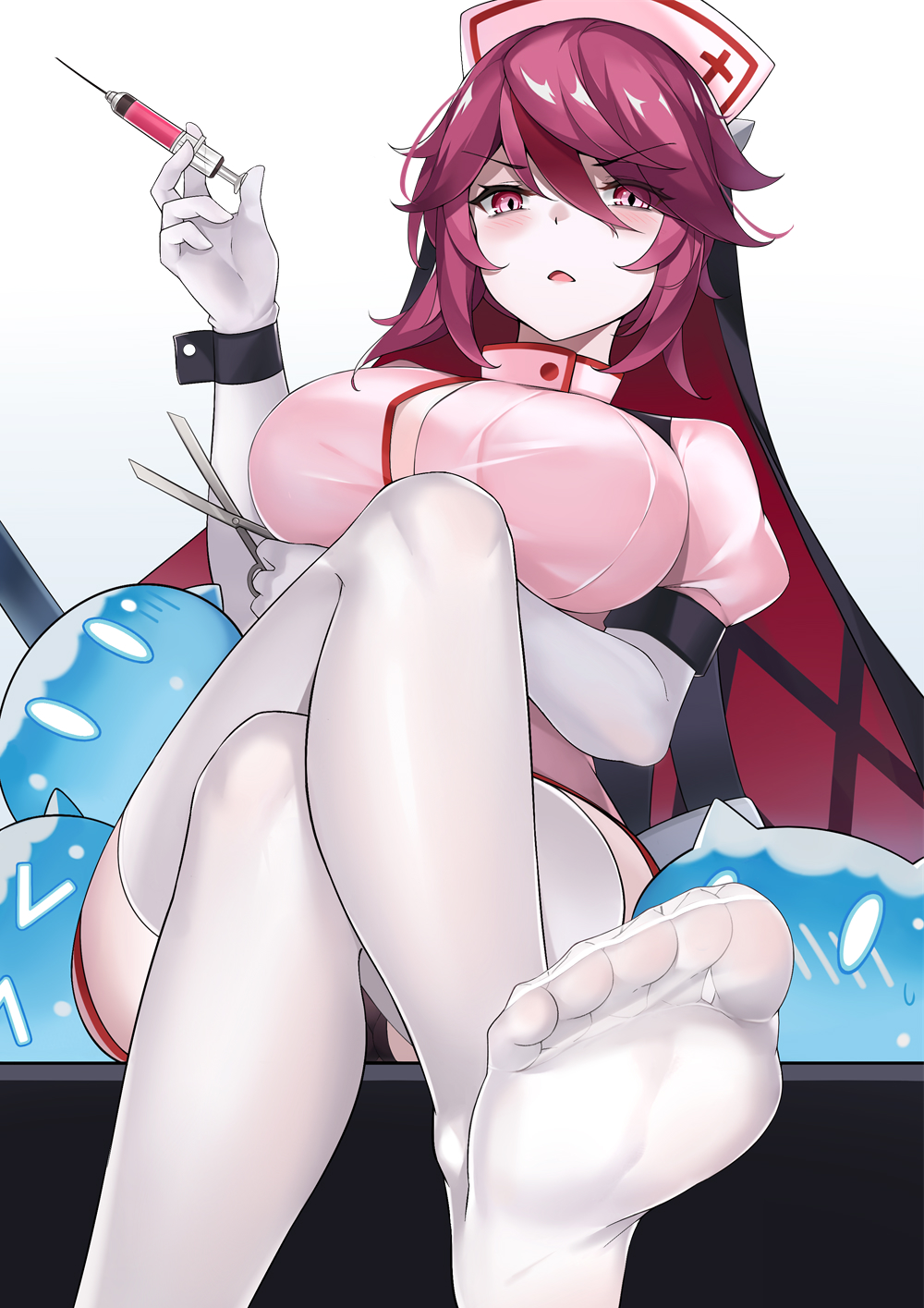 1girl, alternate_costume, bags_under_eyes, blush, breasts, crossed_legs, elbow_gloves, feet, genshin_impact, gloves, hat, highres, large_breasts, looking_at_viewer, needle, no_shoes, nurse, nurse_cap, open_mouth, red_eyes, red_hair, rosaria_(genshin_impact), scissors, short_hair, short_sleeves, sitting, slime_(genshin_impact), soles, solo, syringe, thighhighs, toes, veil, white_gloves, white_thighhighs, yukinoshita_(shaonjishi)