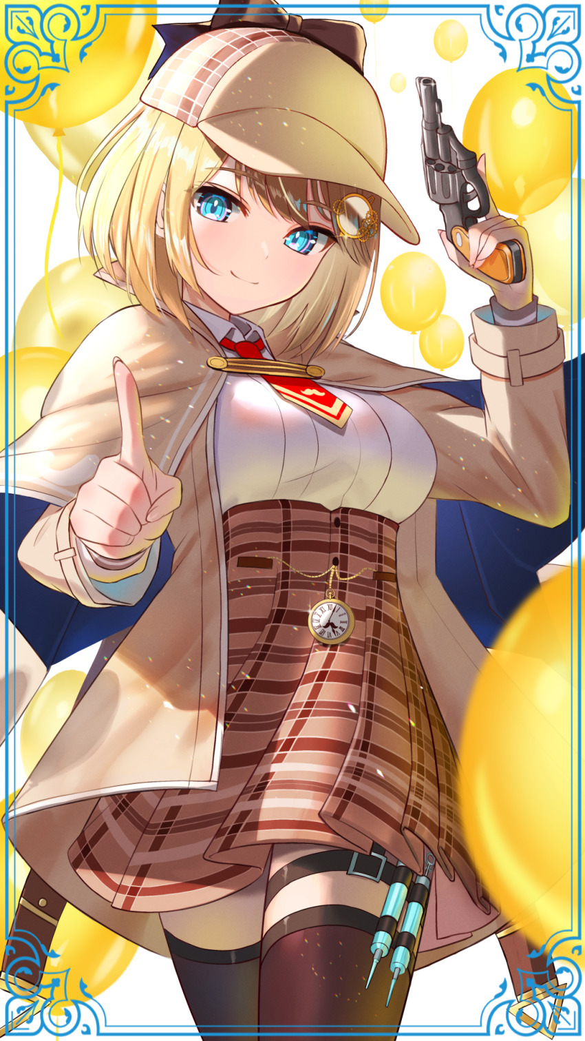 1girl, balloon, beige_capelet, beige_coat, black_thighhighs, blonde_hair, blue_eyes, bow, breasts, brown_bow, brown_skirt, closed_mouth, coat, commentary_request, deerstalker, feet_out_of_frame, framed, glint, gun, hair_ornament, hand_up, handgun, hat, hat_bow, highres, holding, holding_gun, holding_weapon, hololive, hololive_english, inari_(ambercrown), index_finger_raised, legband, light_blush, looking_at_viewer, medium_breasts, necktie, open_clothes, open_coat, plaid_clothes, plaid_skirt, pocket_watch, red_necktie, revolver, shirt, short_hair, simple_background, skirt, smile, solo, syringe, thighhighs, virtual_youtuber, watch, watson_amelia, watson_amelia_(1st_costume), weapon, white_background, white_shirt