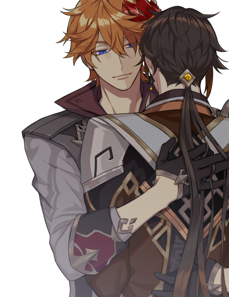 2boys, black_gloves, black_hair, blue_eyes, brown_hair, chisuke_1104, closed_mouth, earrings