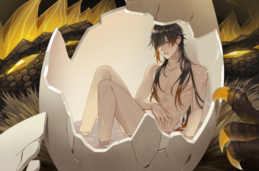1boy, black_hair, brown_hair, chisuke_1104, claws, dragon, egg, eggshell