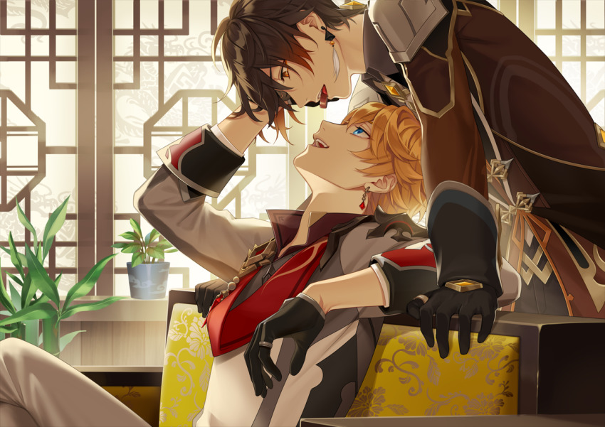 2boys, black_gloves, black_hair, brown_hair, chisuke_1104, chocolate, earrings, food