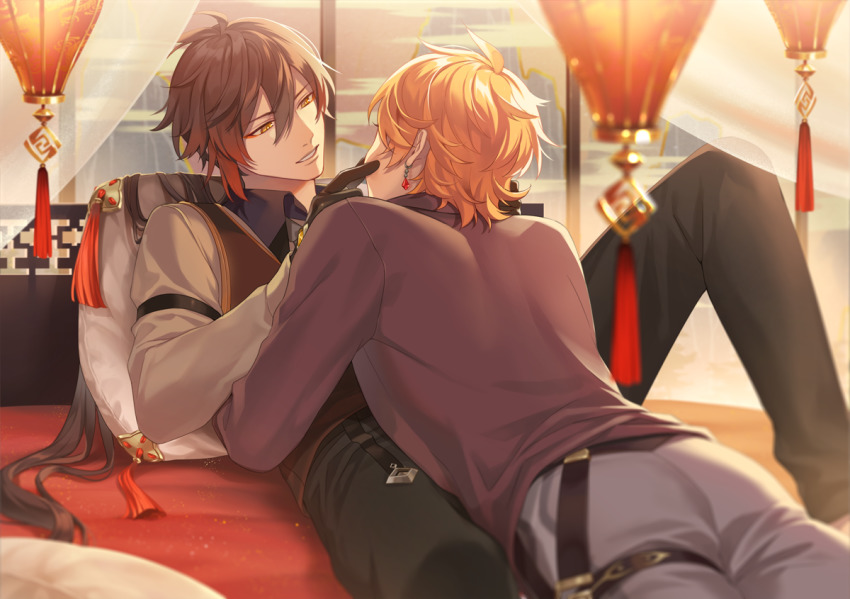 2boys, bed, black_gloves, black_hair, brown_hair, brown_vest, chisuke_1104, earrings, genshin_impact, gloves, gradient_hair, hair_between_eyes, jewelry, long_hair, lying, male_focus, multicolored_hair, multiple_boys, on_back, on_bed, on_stomach, orange_hair, pants, pillow, ponytail, single_earring, tartaglia_(genshin_impact), tassel, vest, yaoi, yellow_eyes, zhongli_(genshin_impact)