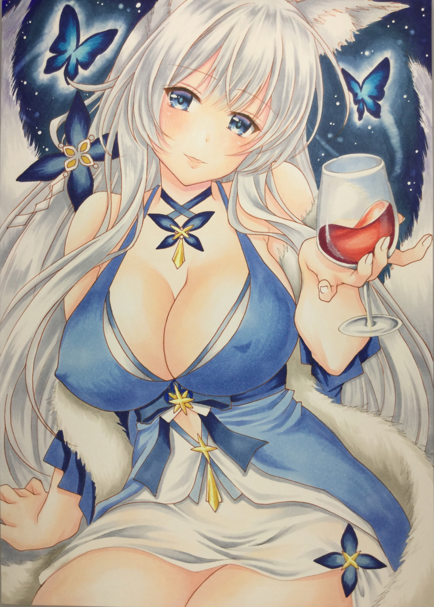 1girl, absurdres, animal_ear_fluff, animal_ears, azur_lane, bare_shoulders, blue_butterfly, blue_collar, blue_dress, breasts, bug, butterfly, cleavage, collar, dress, evening_gown, feather_boa, fox_ears, halter_dress, halterneck, highres, kitsune, kumaccyo, kyuubi, large_breasts, large_tail, looking_at_viewer, marker_(medium), multiple_tails, official_alternate_costume, shinano_(azur_lane), shinano_(dreams_of_the_hazy_moon)_(azur_lane), sleeveless, sleeveless_dress, solo, tail, traditional_media, white_tail