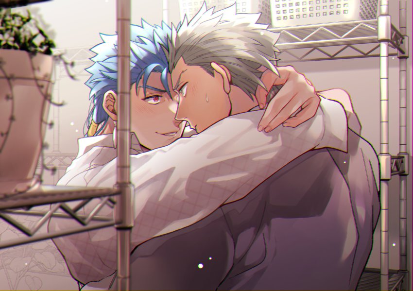 0343_u, 2boys, absurdres, archer_(fate), archer_(flowers_and_cafe)_(fate), arms_around_neck, basket, blurry, commentary_request, cu_chulainn_(fate), cu_chulainn_(flowers_and_cafe)_(fate), cu_chulainn_(lancer)_(fate), dark-skinned_male, dark_skin, depth_of_field, earrings, eye_contact, face-to-face, fate/stay_night, fate_(series), from_side, grey_hair, grey_shirt, grin, headband, highres, hug, indoors, jewelry, long_hair, long_sleeves, looking_at_another, male_focus, multiple_boys, plant, ponytail, potted_plant, red_eyes, shelf, shirt, smile, spiked_hair, sweatdrop, teeth, upper_body, white_shirt, yaoi